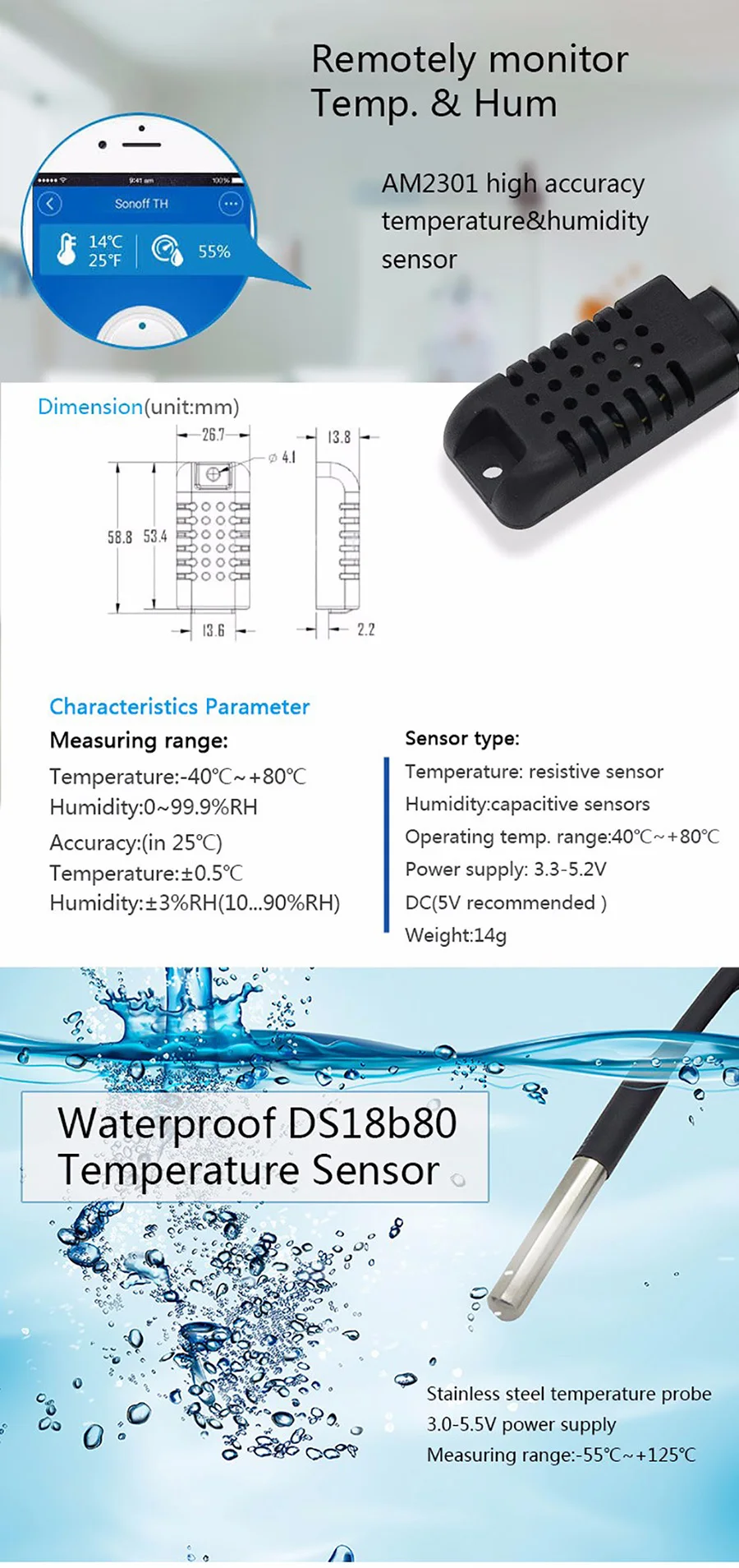 Sonoff AM2301 датчик температуры и влажности DS1820 датчик температуры с высокой точностью для Sonoff TH10 и Sonoff TH16