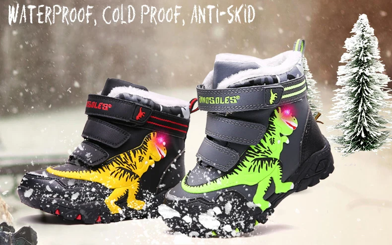 Dinoskulls Winter Boots Kids Light Up Black Boys Snow Shoes Fleece Children LED 3D Dinosaur Waterproof Big Boys Trainers