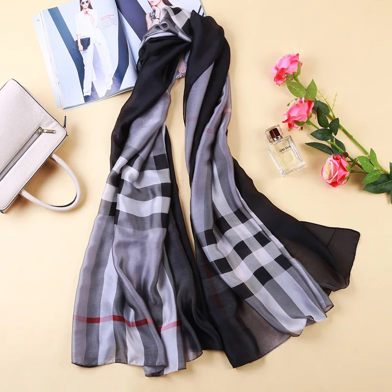 Корея Шелковый платок на голову постепенно меняется Цвет мода классический плед