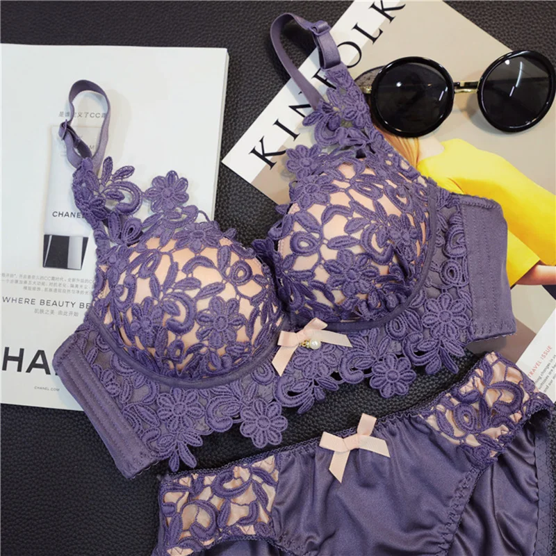 Пикантные EmbroideryBra набор Пуш-ап комплект нижнего белья Padded Bralette нижнее белье Для женщин толстое белье бюстгальтер и трусы Для женщин нижнее белье