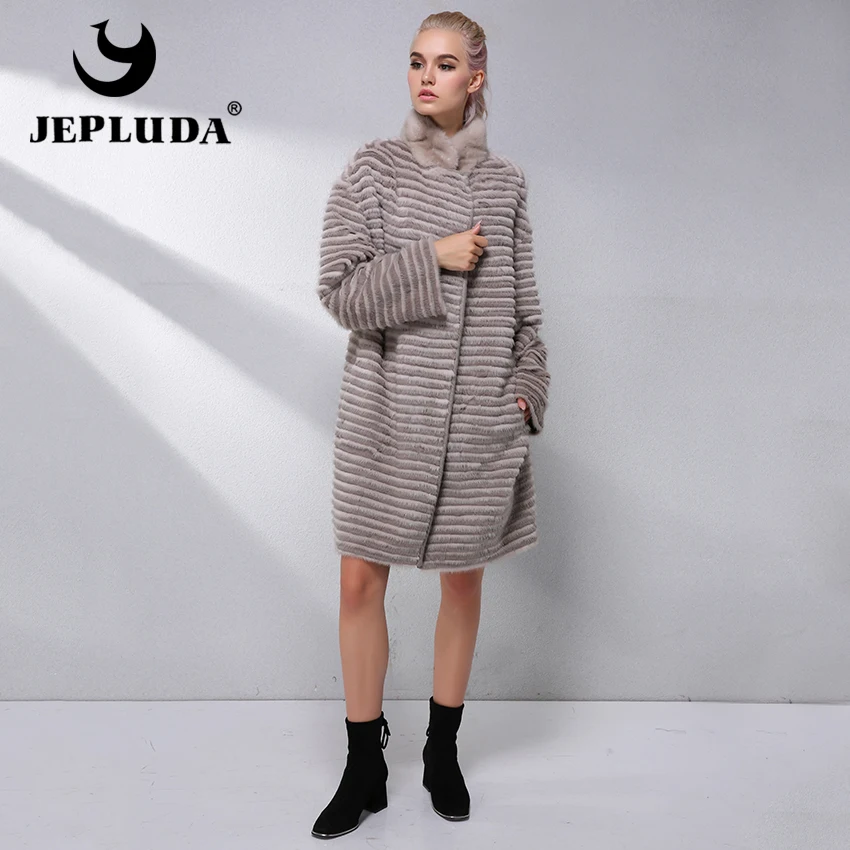 JEPLUDA Бренд Вязанная Норка Женская Шуба Натуральный Мех Мягкий Комфортабельный