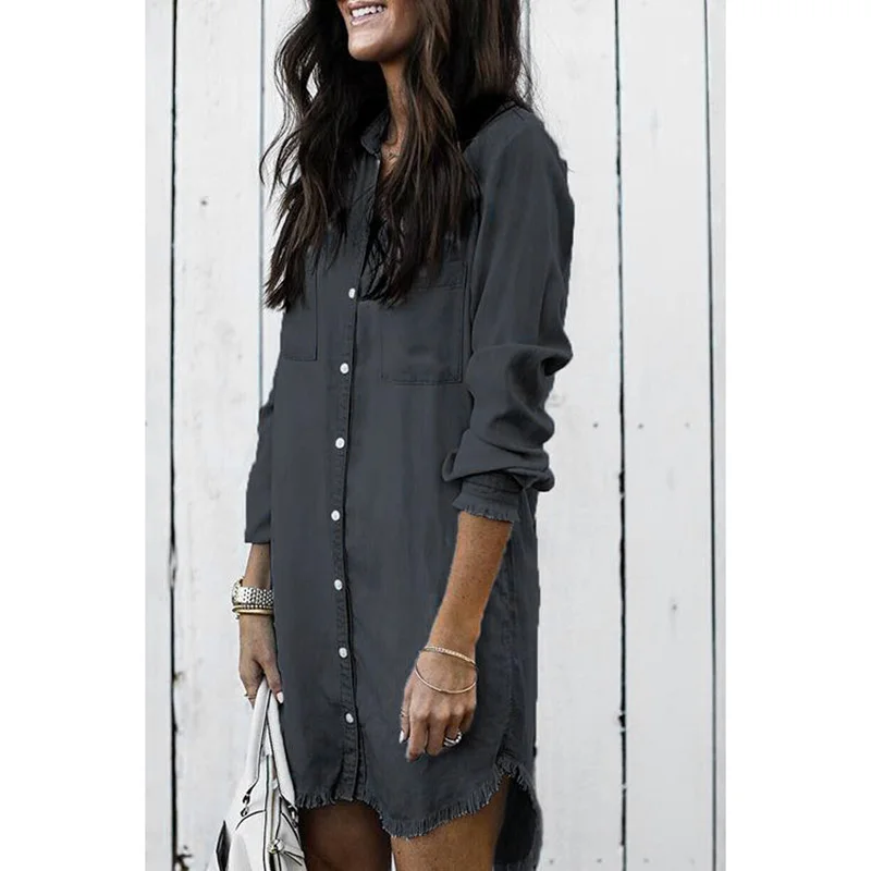 Женское платье рубашка с отложным воротником свободное джинсовое длинным
