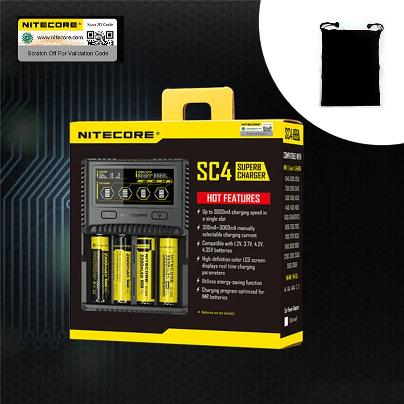 sc4 Add Cloth Bags NITECORE SC4 превосходное автомобильное зарядное устройство для литий-ионных IMR LiFePO4 Ni-MH(NiCd) 18650 17650 17670 16340 14500 батареи Макс 3 А с одним слотом - Цвет: sc4 Add Cloth Bags