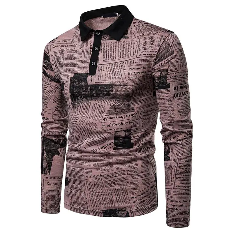 Мужская рубашка поло с длинными рукавами принтом газет модная мужская