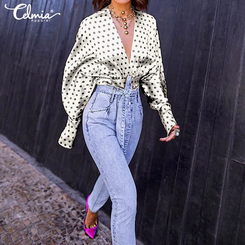 Fashion Crop Tops Celmia 2019 Autumn Women's Blouses Sexy Deep V Neck Long Sleeve Shirts Polka Dot Casual Party Blusas Plus Size |
