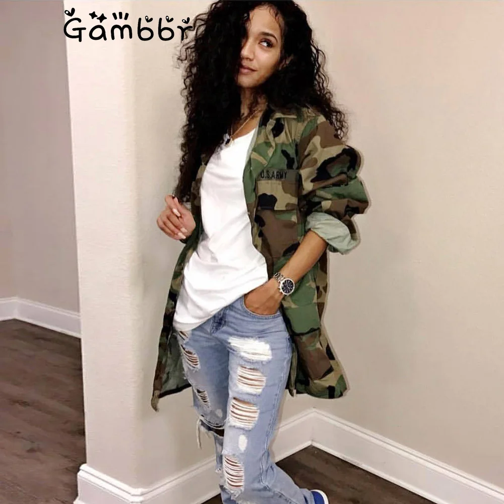 

2019 Autumn Winter Camouflage Armygreen Coat Turn-Down Collar Pocket Long Sleeve Button Up Casual Military Outwear Bomber Jacket