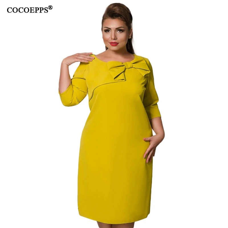 Solid Plus Size Elegant Bow Ladies Dress Fashion 2019 Autumn Winter women Dresses Big Three Quarter Knee Length Vesitides | Женская