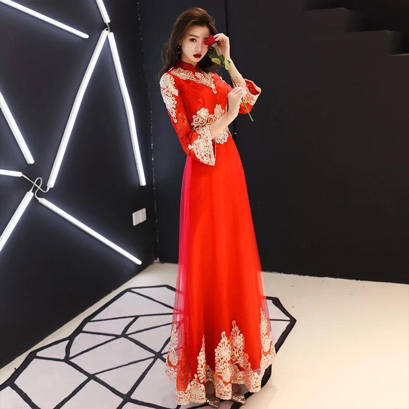 Китайский винтажный Красный в пол Cheongsam женский традиционный вышивка цветок Qipao невесты свадебное вечернее платье