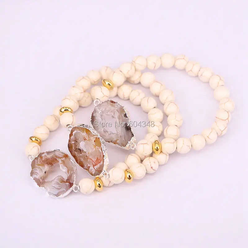 5 Strand zyunz серебряный цвет Geode кварцевые браслет разъем, Белый Howlite камень бисером Камень Стрейч Браслеты