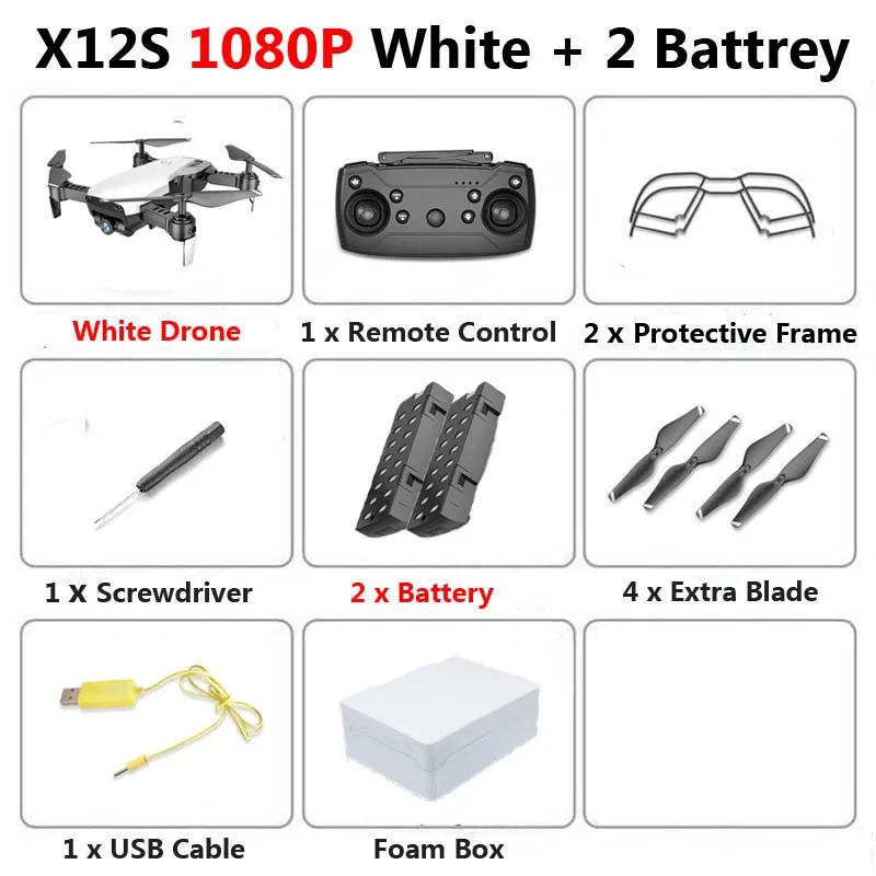 1080P White 2B Foam X12S Wi-Fi FPV мини складной Дрон Двойная камера 1080P 4K оптический поток воздушная видео профессиональный Радиоуправляемый квадрокоптер Вертолет игрушка SG106 - Цвет: 1080P White 2B Foam