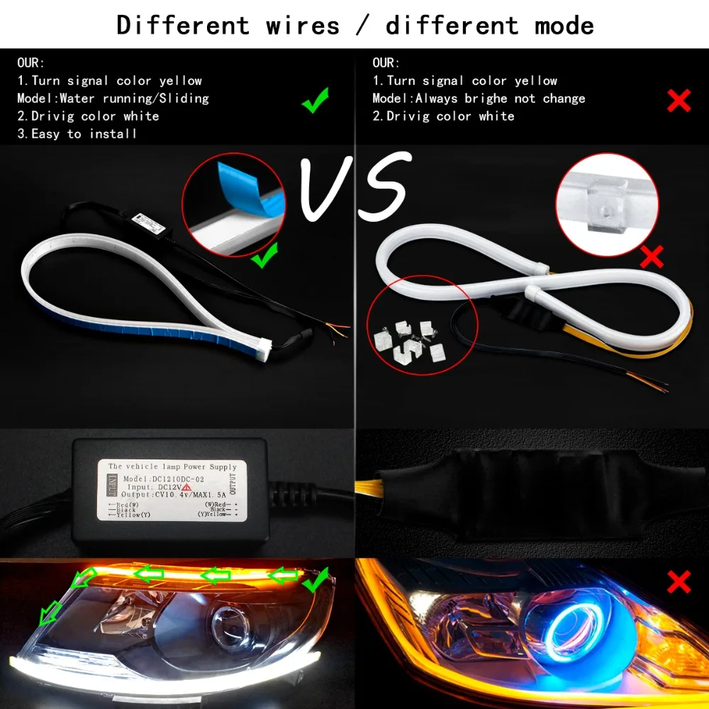 2 шт. гибкий автомобиль DRL бег поворотов белый светодио дный янтарь LED течет бар