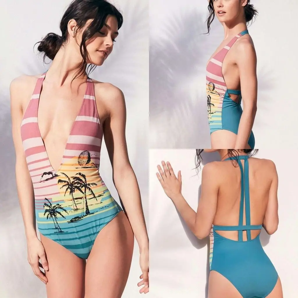 Сексуальный женский цельный комплект бикини с принтом бандажный купальник