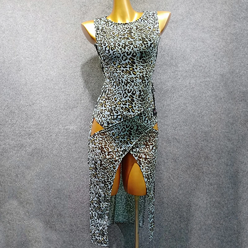 Женское платье для латиноамериканских танцев зеленое леопардовых летнее без