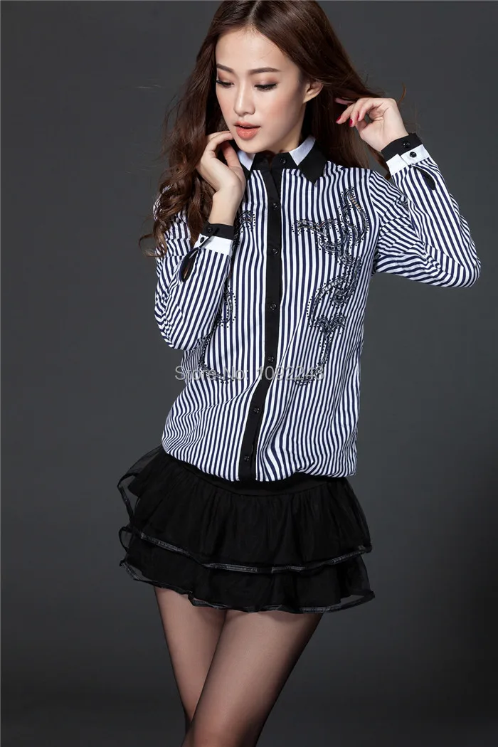 2014 Real Women Blouse Blouses Autumn New Female And Striped Long-sleeved Cotton Shirt Lapel Fashion Ladies Diamond Openwork Ms |