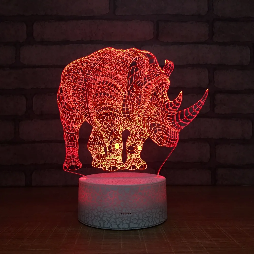 7 цветов 3D лампа LED сенсор сенсорный переключатель животное в форме носорога
