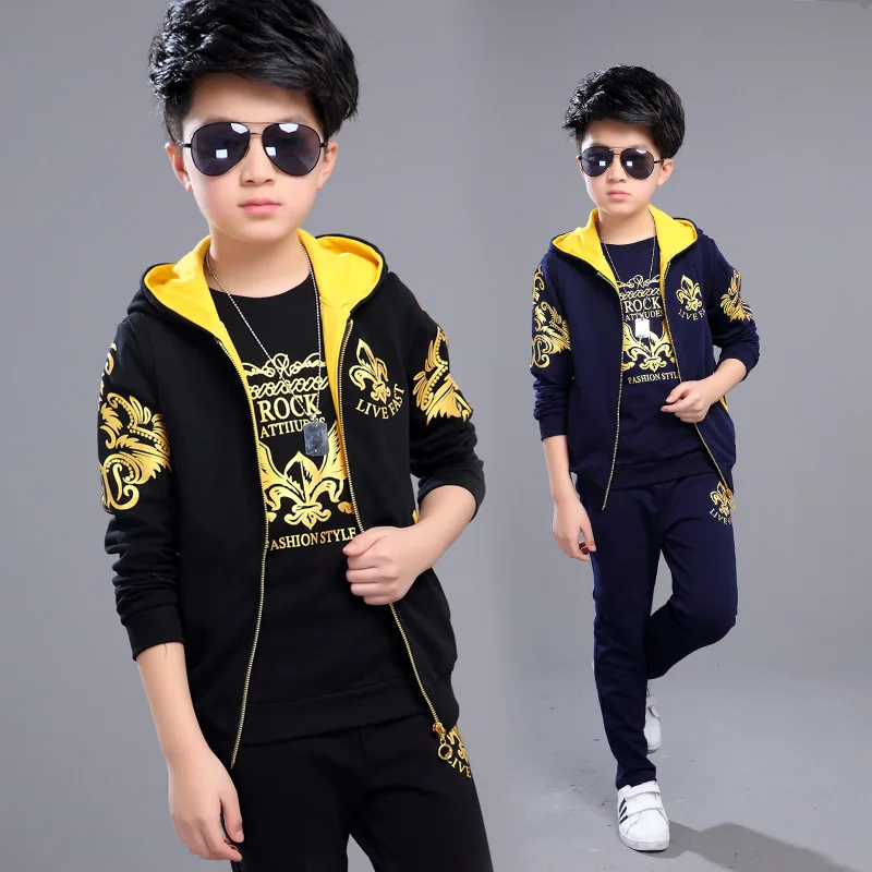 Boys 6-14 Years Sports 3 PCS Set (R Vest + Pullover Hoodies Long Pant) Fashion Soft Cotton Spring Autumn Suits Big Sets | Детская одежда