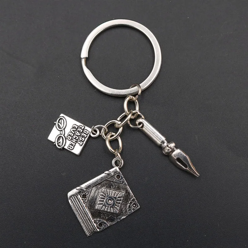 

1PC Best Teacher Ever Charm Book Fountain Pen Keyring DIY Metal Jewelry Crafts Keychain Gift-Thanksgiving Teacher K1672
