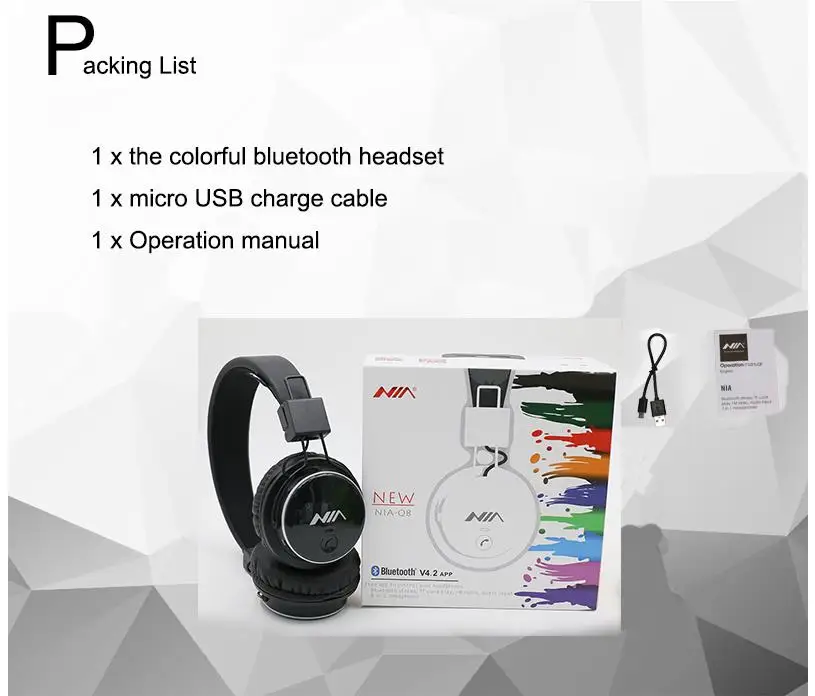 nia Q8 стерео Bluetooth наушники Wirelsee стерео складные спортивные гарнитуры Поддержка app с микрофоном Поддержка TF FM радио