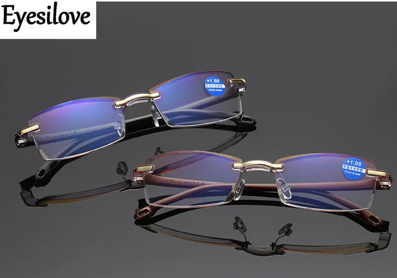 

Мужские очки для чтения без оправы TR90 очки для чтения с алмазной оправой очки для дальнозоркости с защитой от синего света + 100 + 150 + 200 до + 400