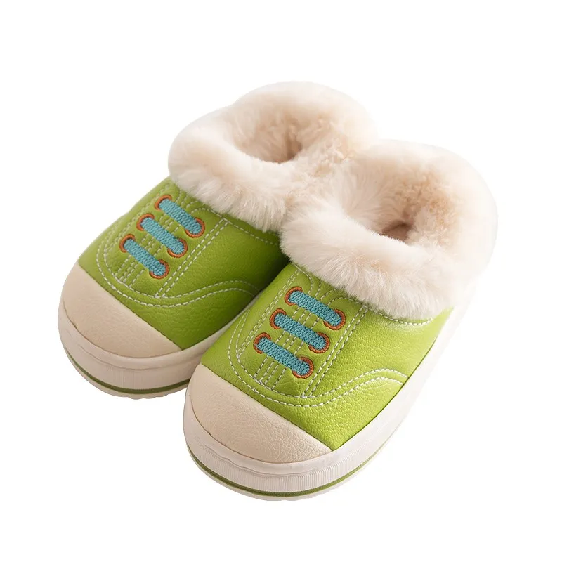 Зеленый BeckyWalk/детские тапочки; детская хлопковая зимняя домашняя обувь из искусственной кожи; теплые Нескользящие домашние тапочки для маленьких мальчиков и девочек; CSH697 - Цвет: Зеленый