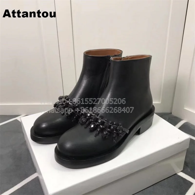 

New Fashion Black PU Leather Martin Boot Woman Round Toe Riding Boots Designer Chain-Link Low Heel short Booty