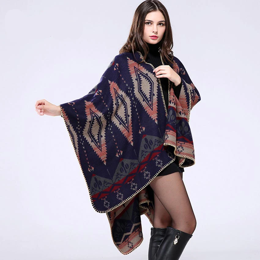 Женское пончо с геометрическим рисунком теплый трикотажный свитер-накидка