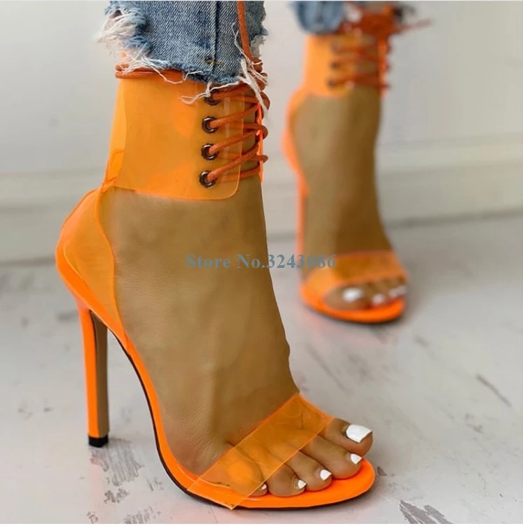 Jual Transparan PVC Tali Pergelangan Kaki Tipis High Heel Sandal Orange Cross Diikat Stiletto Heels Jelly Sepatu Seksi Pesta Musim Panas Wanita Sepatu