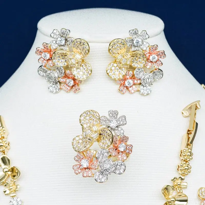 ModemAngel высокое качество нежные цветы фианиты медные 3 тона ожерелье браслет