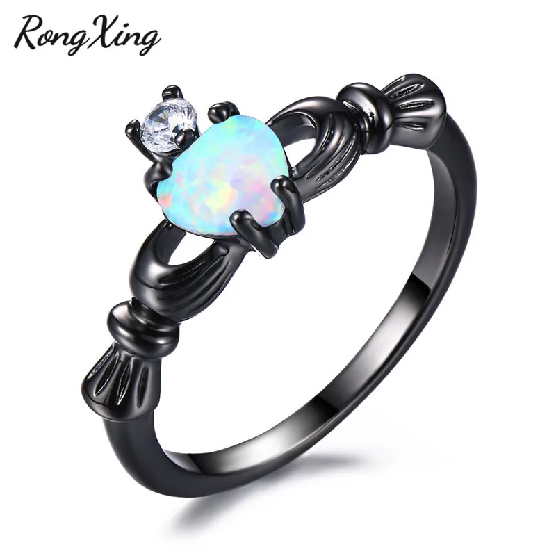 White Opal RongXing Мистик Радуга огненный опал/Циркон Сердце кладдахские кольца для женщин мужчин свадебные Черное золото заполненный разноцветный камень кольцо - Цвет основного камня: White Opal