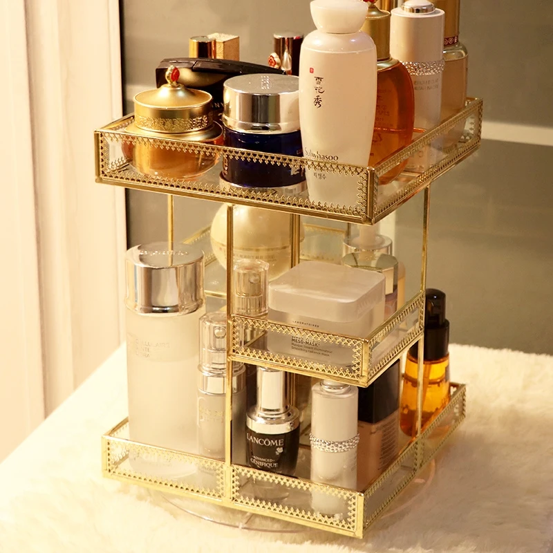 Transparent glass rotating cosmetic storage box desktop retro skin care dressing table lipstick finishing rack | Дом и сад