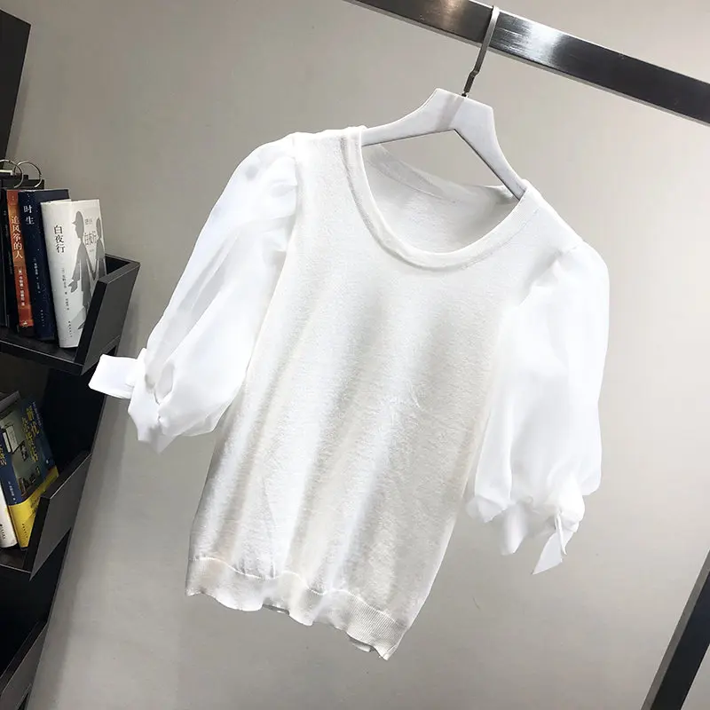 white LUOSHA, женские летние тонкие трикотажные топы с короткими рукавами в полоску из органзы с рукавом-фонариком и бантом, женские модные летние топы - Цвет: white