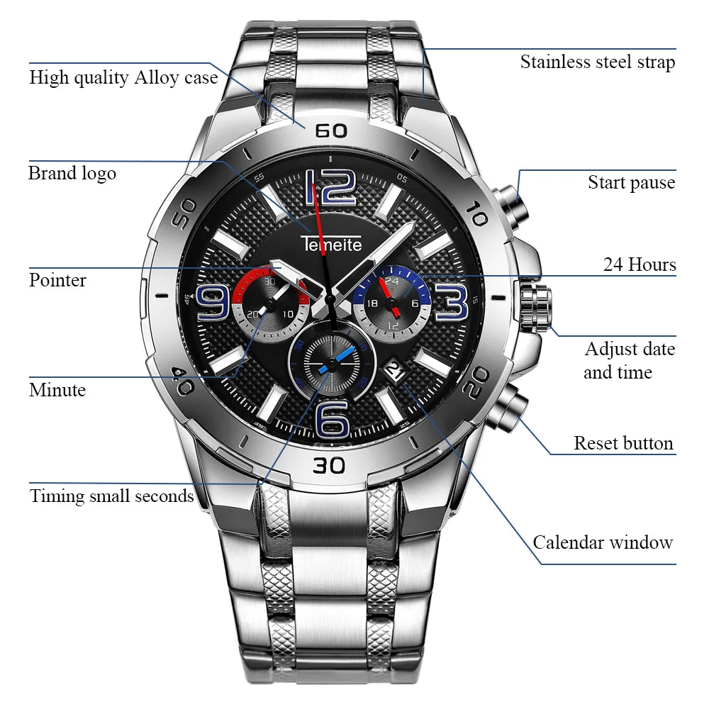 Часы TEMEITE мужские модные спортивные кварцевые полностью стальные 3 циферблата 6