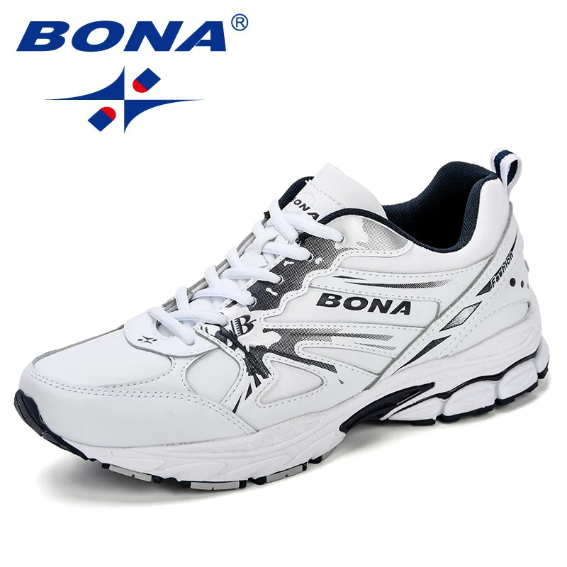 White deep blue BONA/Новинка; дизайнерская обувь для фитнеса и прогулок; обувь для бега; Мужские дышащие кожаные кроссовки; спортивная обувь; Мужская обувь для бега на открытом воздухе - Цвет: White deep blue