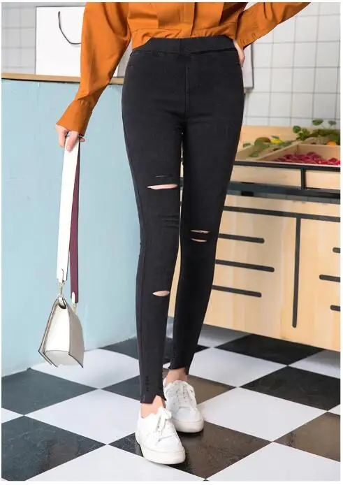 Женские джинсы 2018 новые осенние отверстия эластичные узкие до щиколотки женская