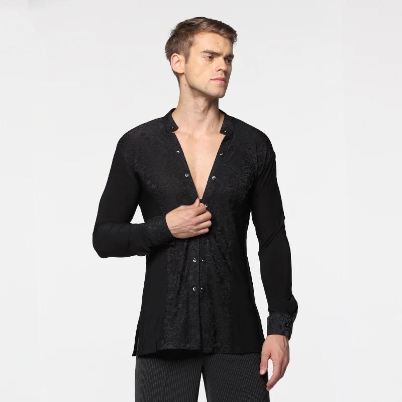 

Men Sexy Latin Dance Top Black White Tango Salsa Cha Cha Samba Rumba Practice Dance Wear Ballroom Square Dancing Shirt DC1899