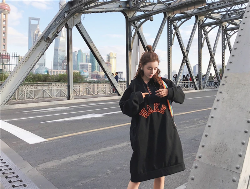 L-3XL New Fall Winter Women Letter Print Loose hoodies Dress Girl streetwear Trend Fashion Long Style Pullovers Sweatshirts