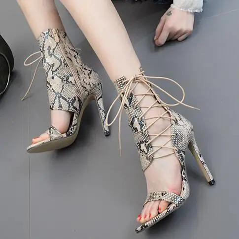 Beli Ukuran Besar 43 Wanita Musim Panas Python Ular Kulit Kaki Terbuka Lintas Lace Up Stiletto Sandal Pesta Tumit Sandal Tumit Tinggi Hitam Solid Sepatu