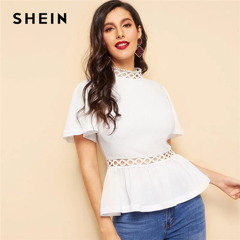 SHEIN Нарядная Блуза С Ажурными Вставками, Блуза С Средним Рукавом, Приталенный Топ С Кружевной Вставкой