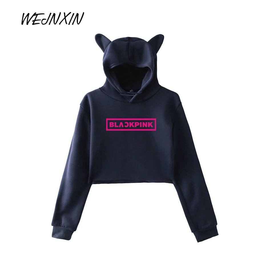 WEJNXIN Kawaii худи с кошачьими ушами для женщин Kpop BLACKPINK вентиляторы Толстовка поддержка дамы BLACKPINK Письмо печати укороченный Топы Одежда