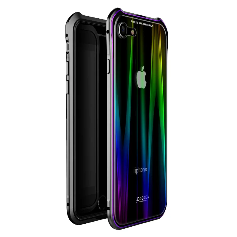 black purple Роскошные Лазерная Аврора Красочные Магнитные Кнопки чехол для iphone 7 iphone 8 7 plus X крышка магнита металлический бампер с закаленное стекло - Цвет: black purple