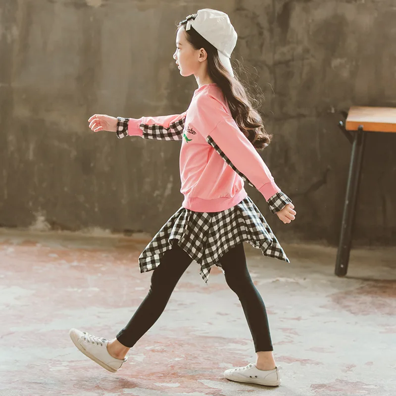 Модный комплект для девочек сезон весна асимметричная юбка в клетку брюки