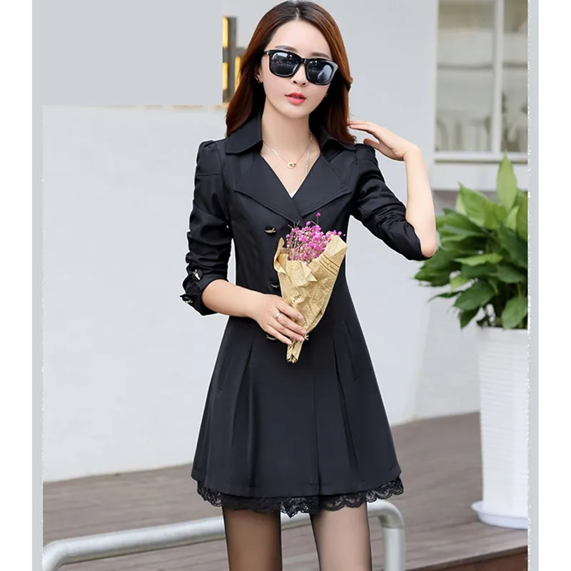 black UHYTGF модная Корейская Весенняя Осенняя верхняя одежда женская двубортная кружевная элегантная женская куртка тонкая Длинная ветровка пальто 139 - Цвет: black