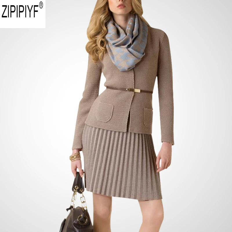 

2018 autumn new women 2 pieces skirts sets o-neck solid knitted cardigans & pleated skirts office lady elegant suits C3136