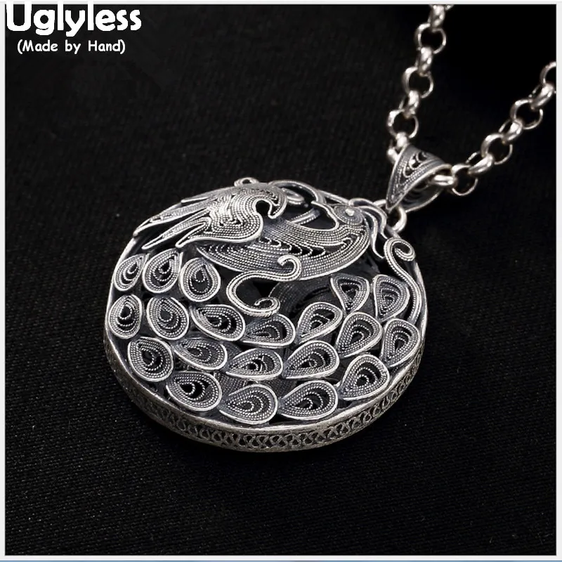 

Uglyless Real 999 Fine Silver Women Palace Designer Filigree Peacock Pendant without Chain Vintage Hollow Jewelry Round Bijoux