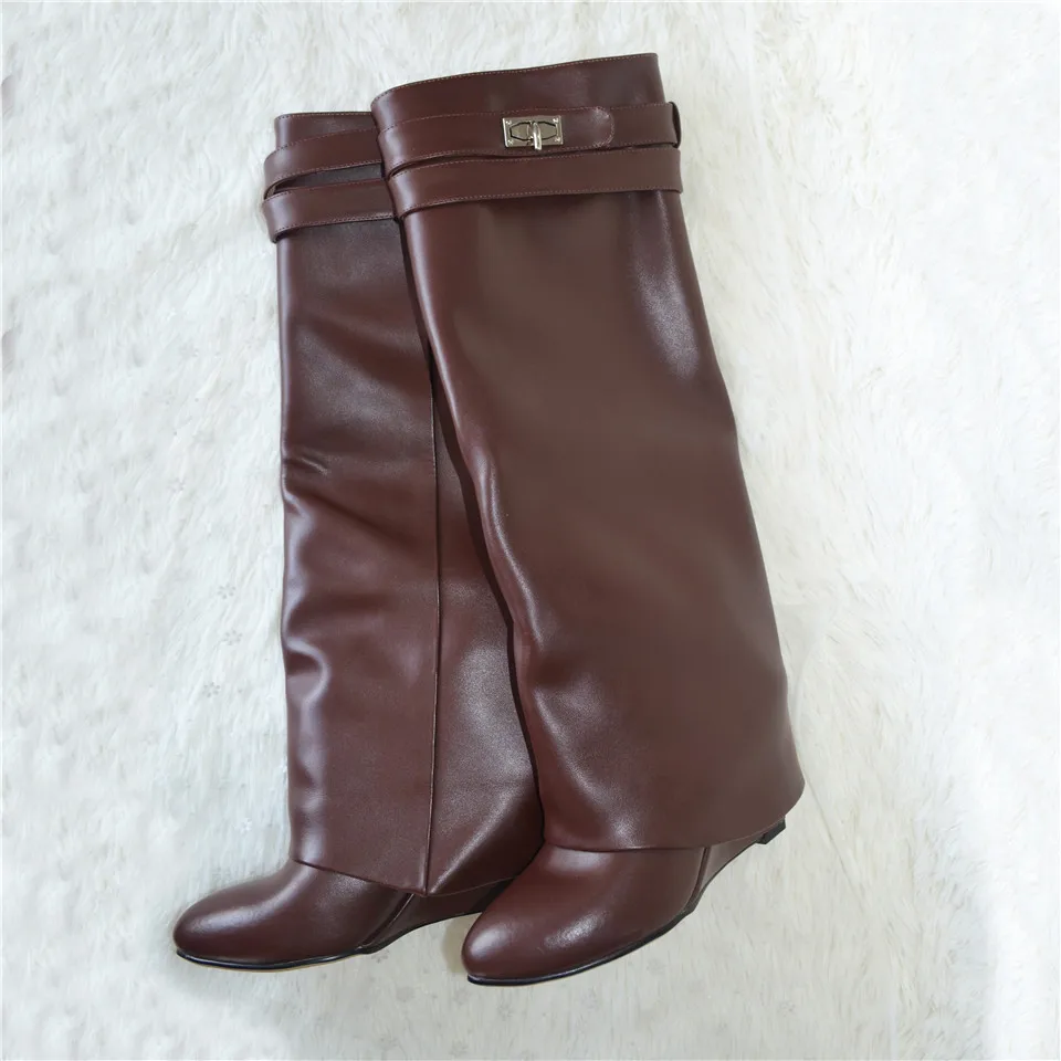 brown leather JAWAKYE/Сапоги до колена с металлическим замком в виде акулы; женские дизайнерские кожаные сапоги на танкетке с острым носком; женская обувь на высоком каблуке, увеличивающая рост - Цвет: brown leather