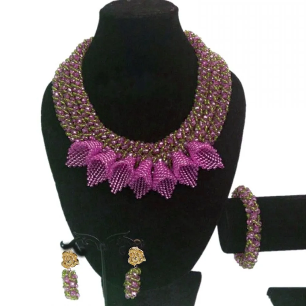 

Dudo Necklace Set African Teal Blue and Purple 3 Layers Bracelet Earring and Necklace Nigerian Wedding Jewellery Set 2019 New