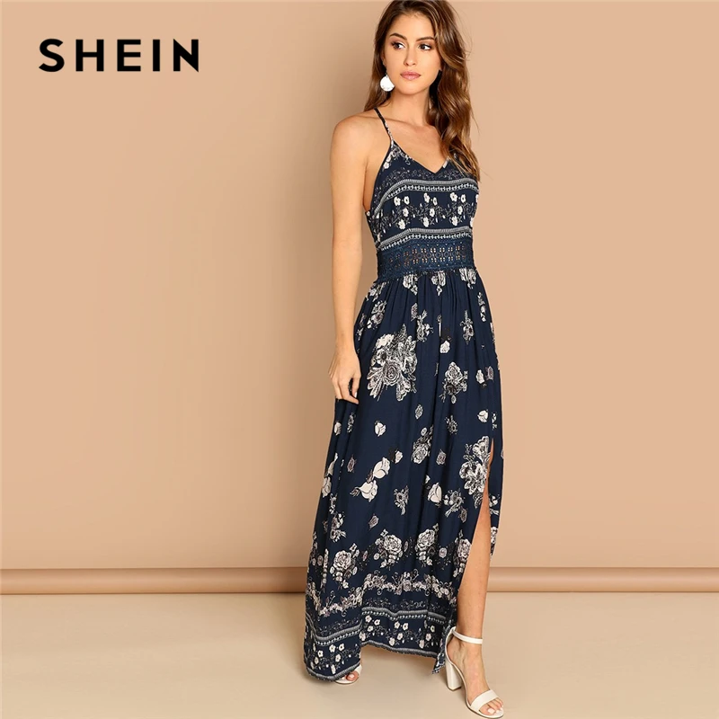 SHEIN Платье На Бретелях Со Складками И Кружевной Талией Женское Летнее Богемное