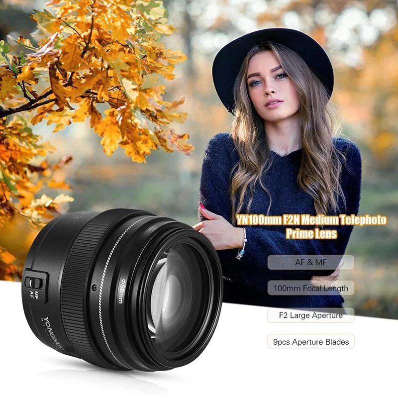 Yongnuo 100mm F2 Camera Lens For Canon EOS Cameras YN100mm F2N Nikon D7200 D7100 Medium Telephoto Prime AF MF Lenses | Электроника