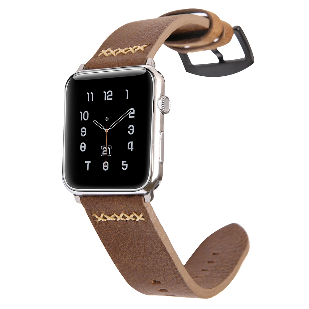 Ремешок кожаный для Apple Watch SE Band Series 6 5 4 3 2 черный/коричневый браслет iWatch 40 мм 44 38 42