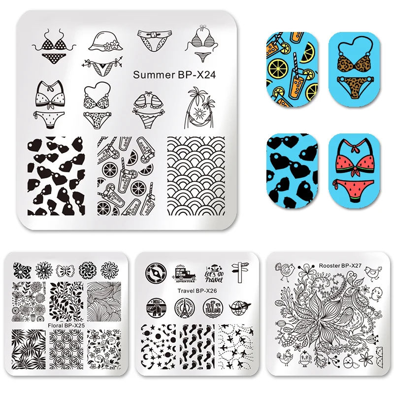 Квадратная форма для стемпинга BORN PRETTY летнее бикини с цветами путешествий